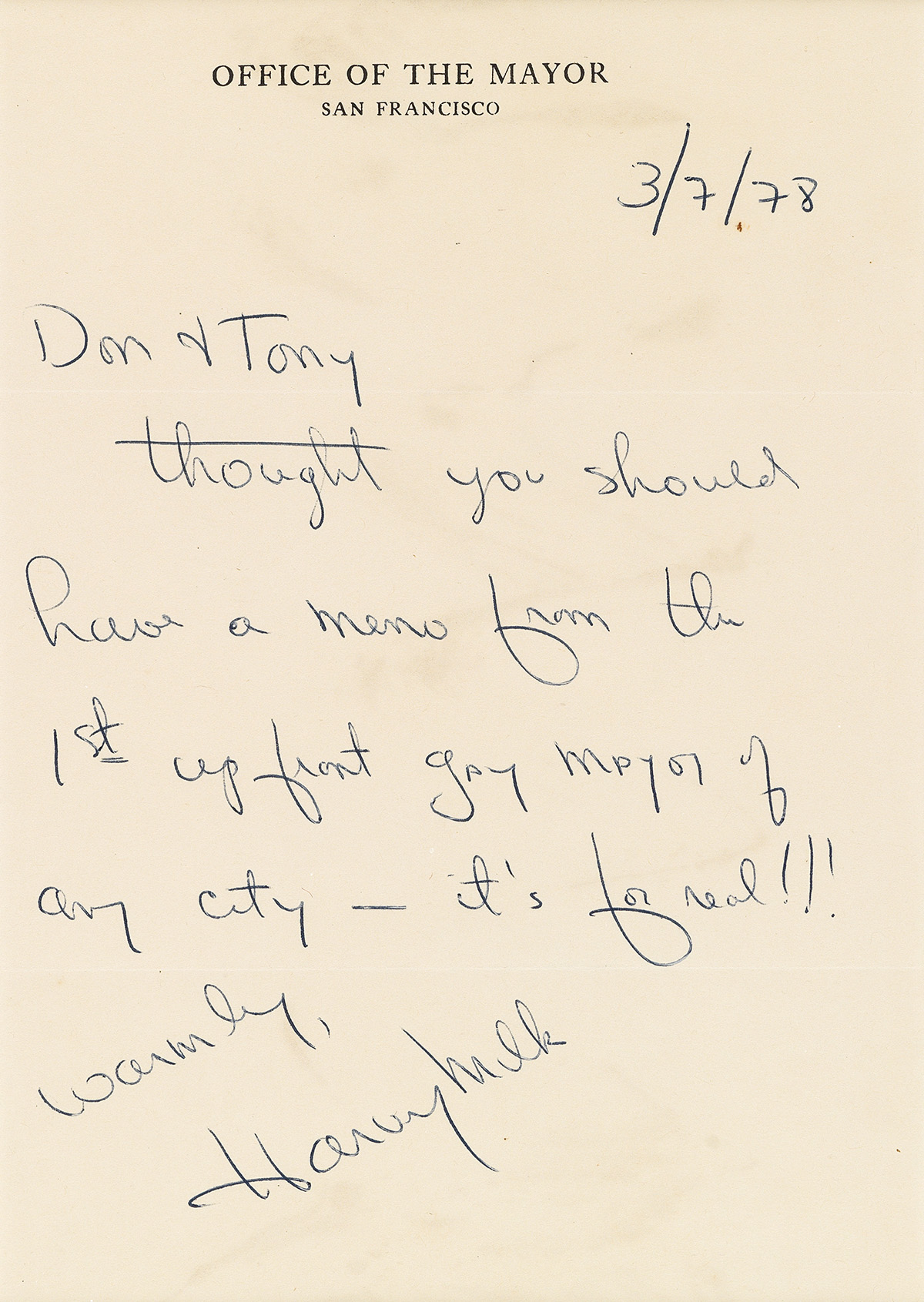 HARVEY MILK (1930-1978)  Autograph Letter Signed, as Acting Mayor of San Francisco, to Don Amador and Tony Karnes (Don & Tony).